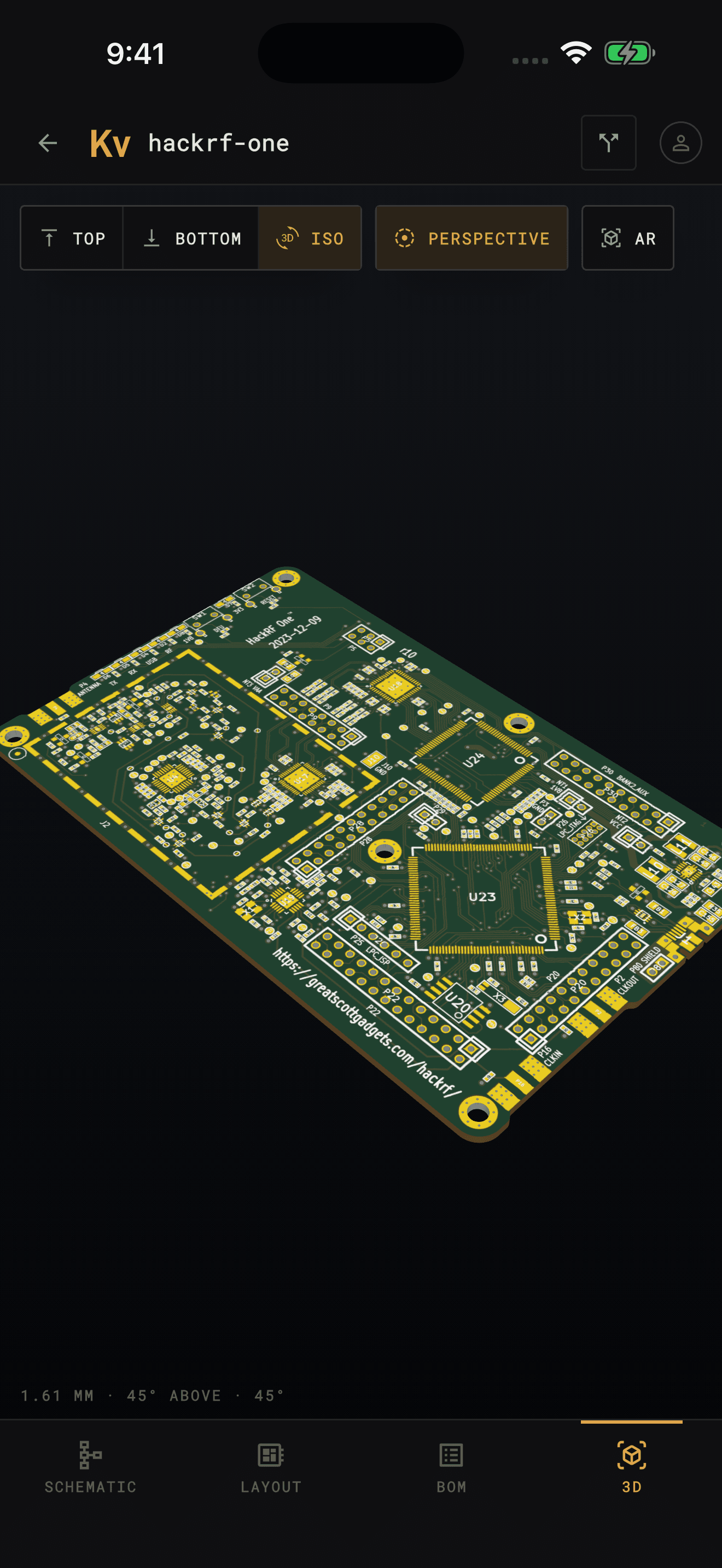 KiCad Viewer showing the HackRF One board in 3D on iPhone
